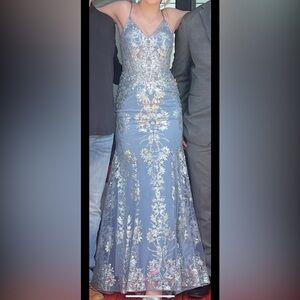 Elegant Blue Floral Lace Prom Dress